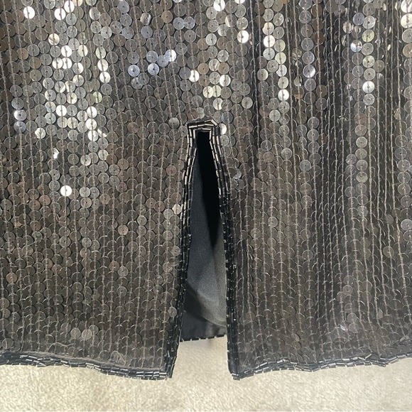 Black Sequin Silk Midi Pencil Skirt Vintage Style Lined Large Glam Cocktail - Picture 5 of 9